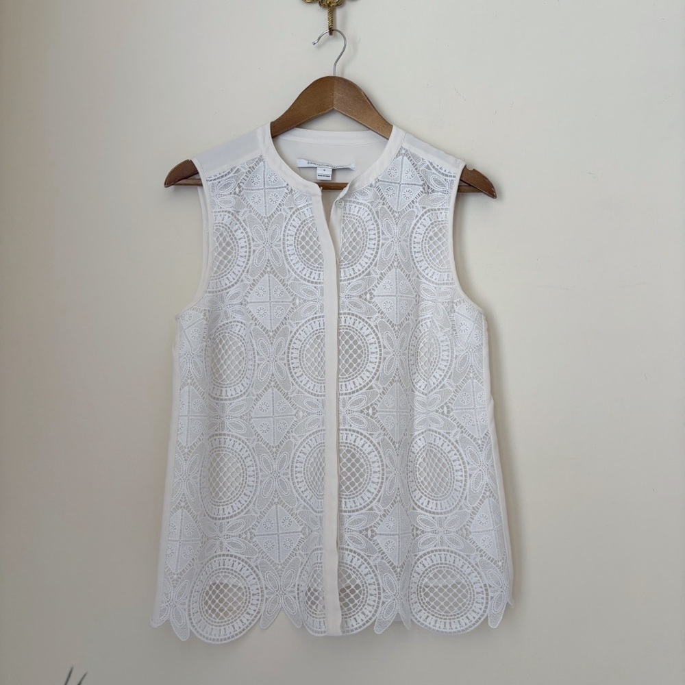 Diane von Furstenberg White Lace Sleeveless Tunic Top Sz 8 Quiet Luxury